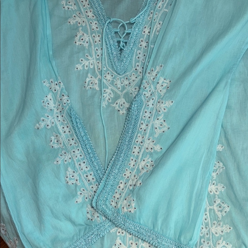 Melissa Odabash Sea Blue Embroidered Beaded Tunic Cover-Up Aqua Boho Luxe - Picture 10 of 11